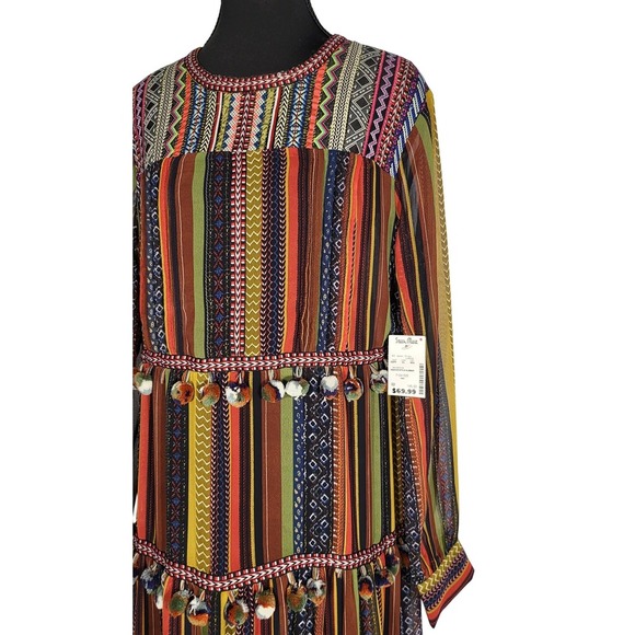 Chelsea & Theodore Boho Striped  Maxi Dress with Pom Poms Long Sleeve Bohemian - Picture 7 of 11
